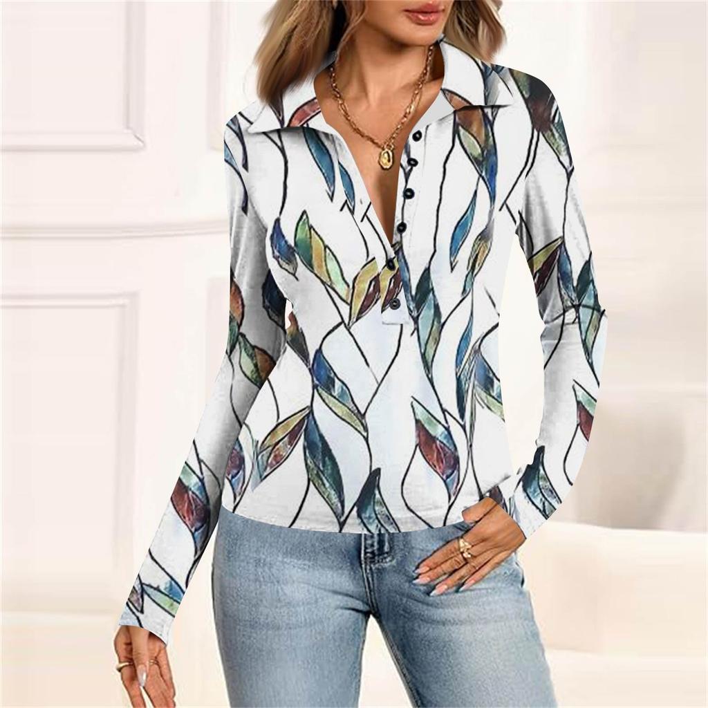 Женская мода Повседневный принт V-образный вырез Длинный рукав Застегивающаяся на пуговицы блузка