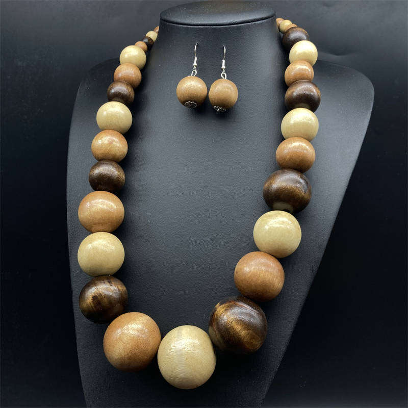 Exaggerate Suite Fashion Bohemian Style Wooden Bead Necklace Earrings Suite Vacation Style