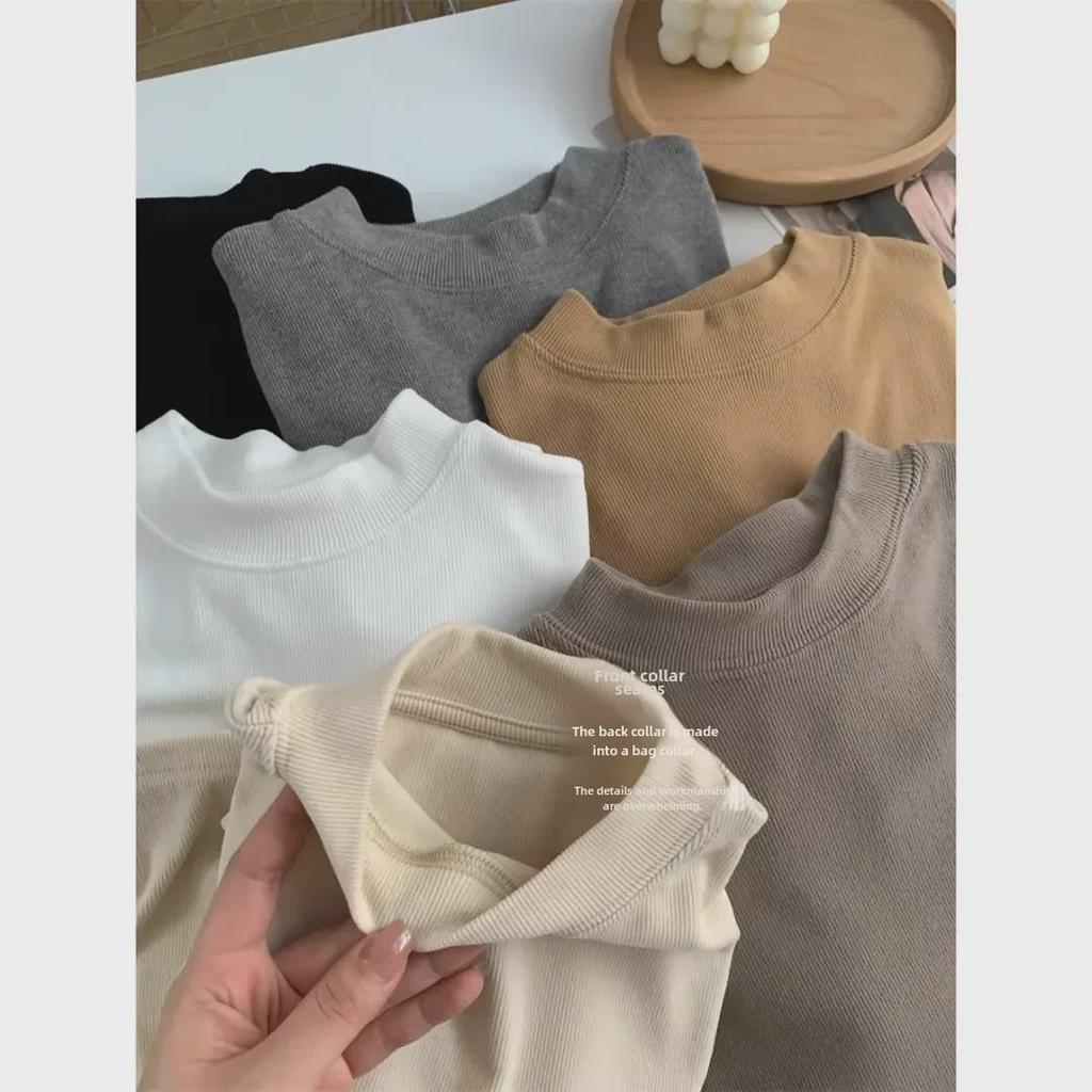 Женская белая кашемировая футболка Slim-Fit с длинным рукавом и воротником-стойкой - осенне-зимний бархатный топ с начесом, однотонный