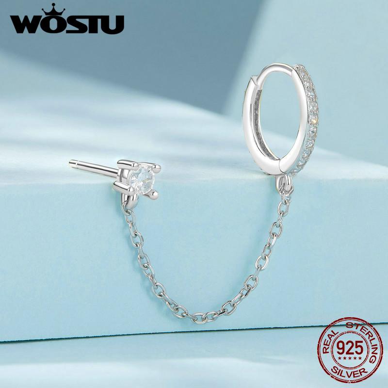 WOSTU 925 Sterling Silver Wedding Zircon Ear Stud Clip For Women Simple Shiny CZ Ear Buckle Earrings Party Pendiente Accessories