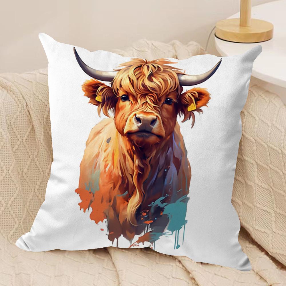 Highland cow and flower Cushion Cover Soft Plush Fabric DoubleSided Printed Cushion Covers for All Seasons Home Decor