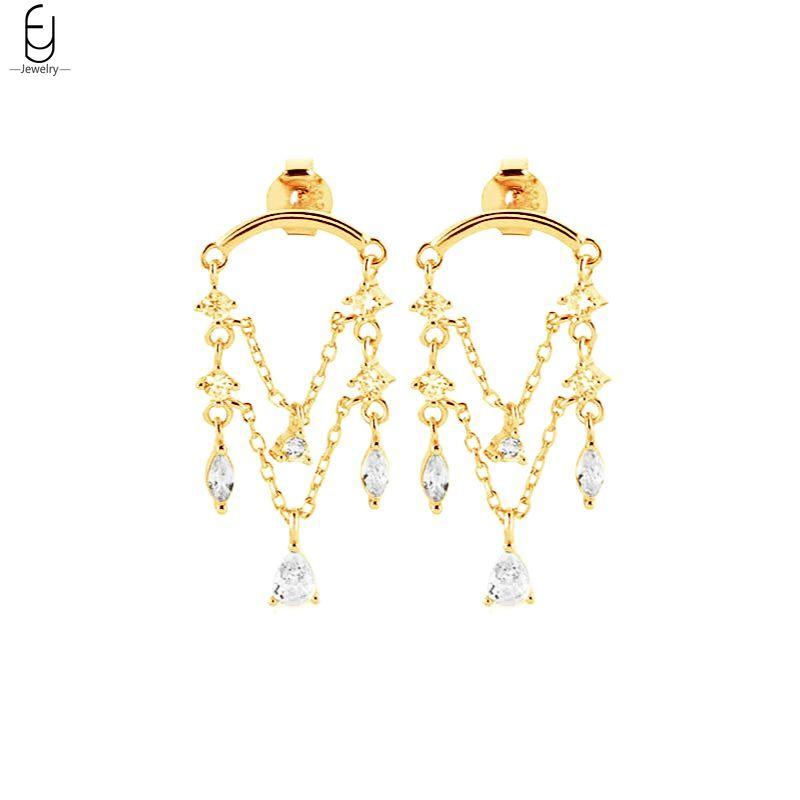 925 Silver Needle Luxury Long Chain Tassel Crystal Stud Earrings For Women Exquisite Pendant Gold Earrings Fine Jewelry