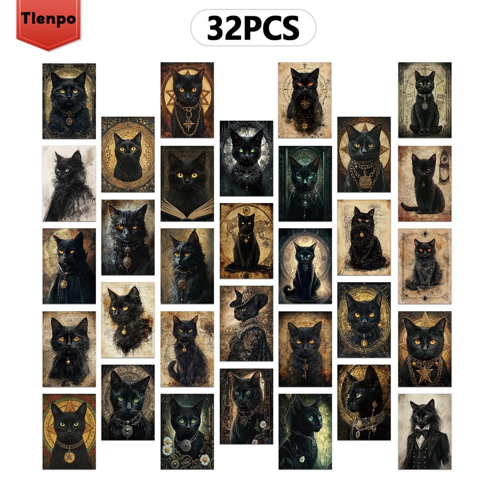 32pcs, Gothic cat postcards, black cats, room decoration stickers, manual materials, souvenirs, collectibles and mail
