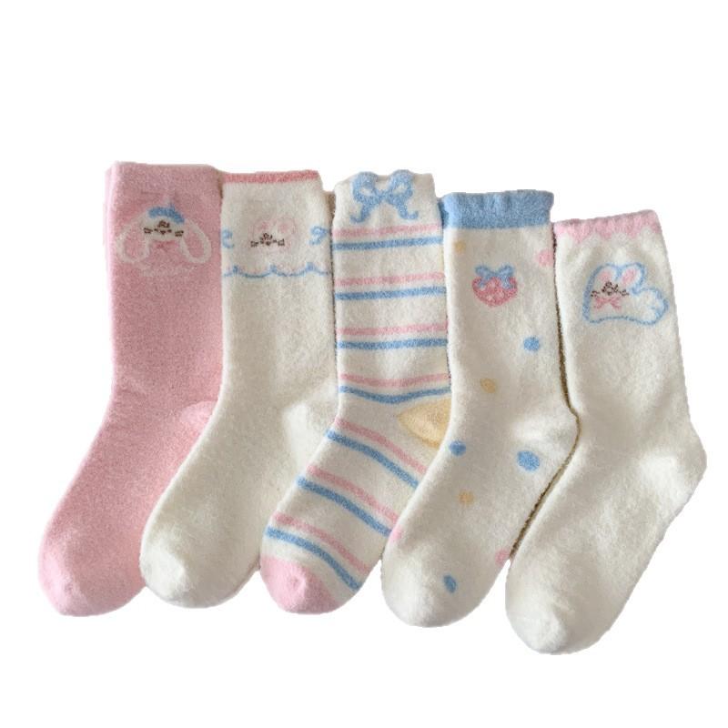Australian Woolen Socks for Girls, Cute Cartoon Rabbits, Fluffy Mid-calf Socks, Sweet Autumn and Winter, Bow Stripes, and Warm Socks