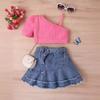 Girls' Suit Summer Children's Solid-color Short-sleeved Top, Denim Pleated Short Skirt Suit Belt