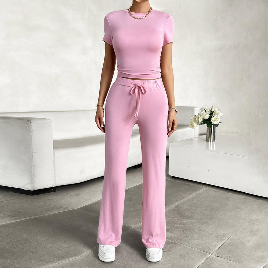 Летний темпераментный однотонный повседневный модный комплект с круглым вырезом