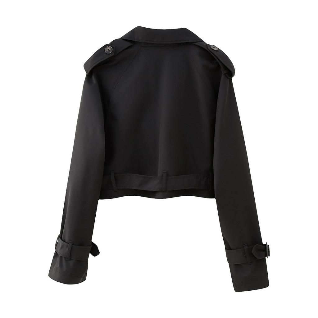 Женское модное укороченное пальто с поясом, длинный рукав, отложной воротник, короткая куртка, винтажный шикарный двубортный тренчкот, женский наряд