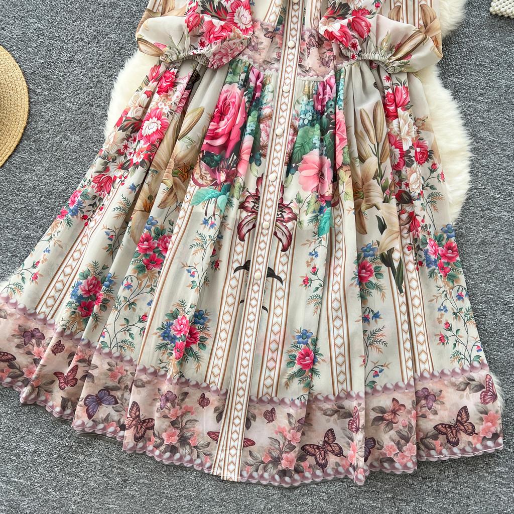 Spring Summer Women V-neck Vintage Print Chiffon Runway Dress Single Breasted Long Maxi Loose Holiday Beach Dresses with Belt