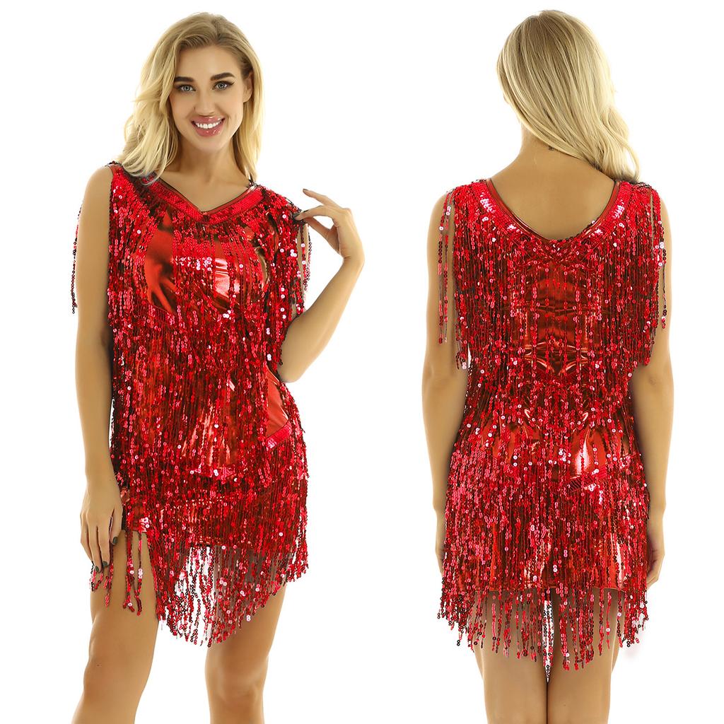 Women's Glitter Sequin Ballroom Latin Dance Dress Sleeveless Sparkle Party Cocktail Dresses