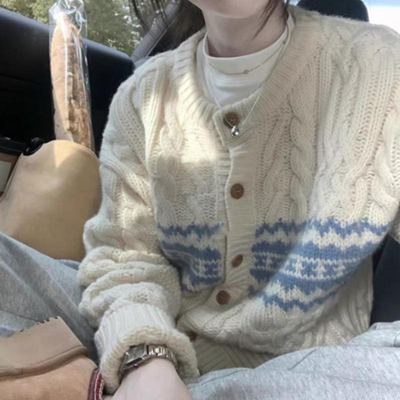 Овечья шерсть ретро цвет контраст японский ленивый ветер свободные жареные переплетения теста кардиган свитер пальто женщины