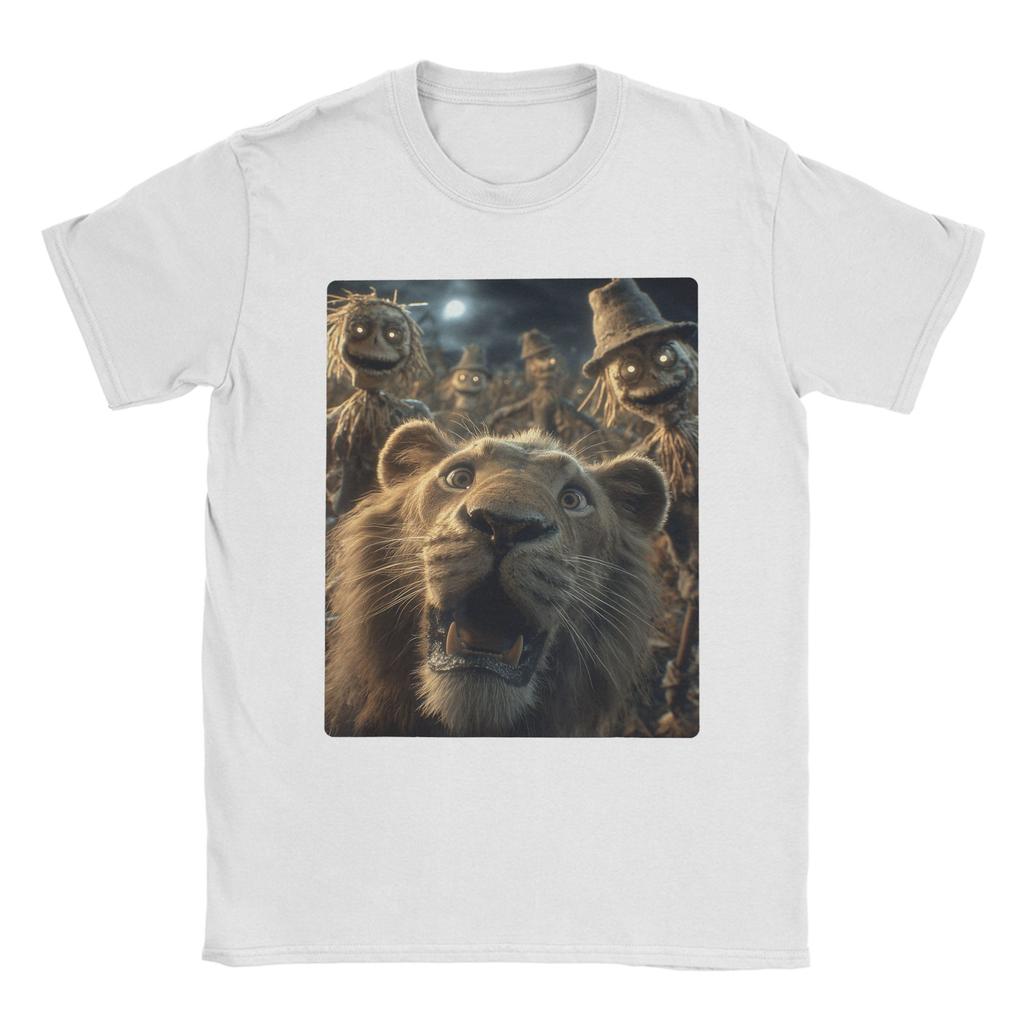 Men T-Shirts Funny Lion Selfie With Scarecrows Novelty Cotton Tee Shirt Scary Halloween T Shirt Crewneck merchandise Plus Size