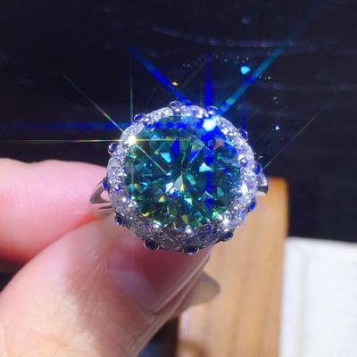 Роскошное кольцо с муассанитом 3 карата сине-зеленого цвета, с полной бриллиантовой отделкой и покрытием PT950 для женщин