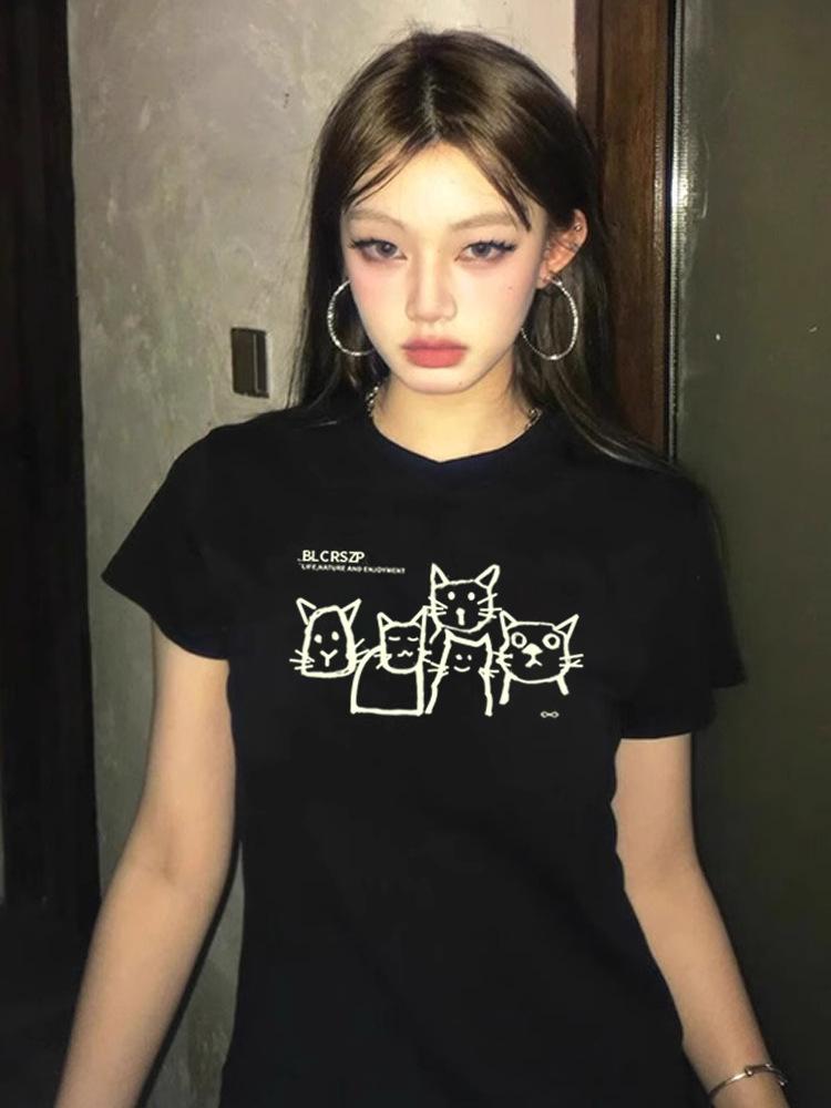 American Black Shoulder Short Sleeve T-Shirt Women's Summer Graffiti Puppy Design Sense Niche Slim Spice Girl Short Top