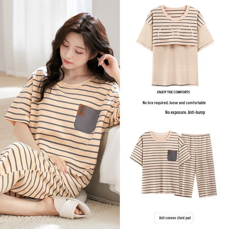 Женский летний капри-пижамный комплект 2025: Тонкий хлопок с коротким рукавом и нагрудными вкладышами, универсальный для ношения дома или на улице