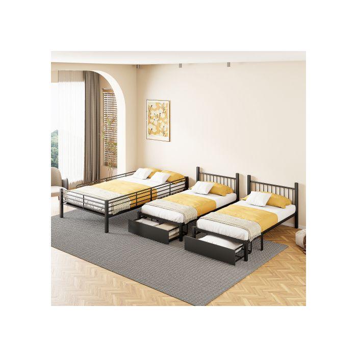 Lit Superposé Triple - MUVOE - Convertible 140x200 Et 90x200 - Noir - Avec Tiroirs - Métal