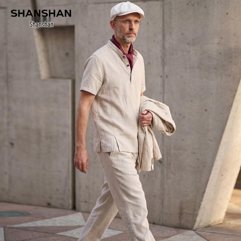 SHANSHAN Men's 100% Linen Short-Sleeve T-Shirt Set