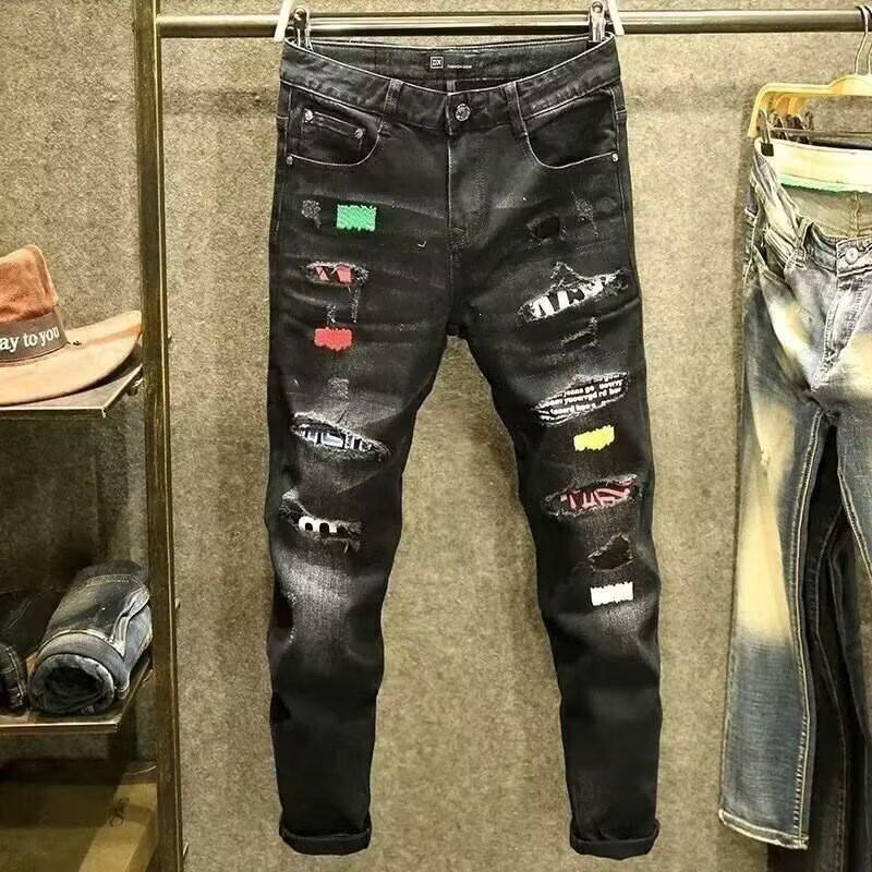 Mens Slim Fit Jeans Streetwear Distressed Embroidered Denim Pants Youth