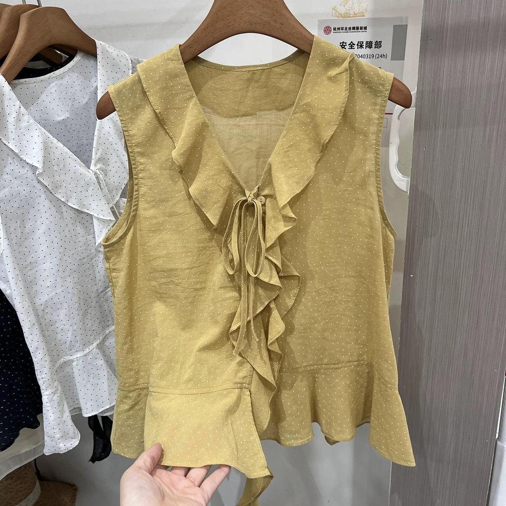 Gentle Korean style ruffle leaf edge V-neck strap sleeveless shirt shirt women's summer design shirt top