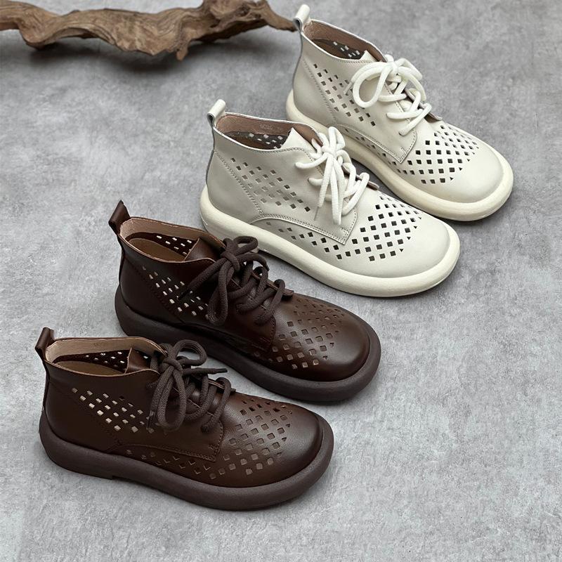 Johnature Летние сандалии из натуральной кожи, дышащие ботинки с отверстиями в стиле ретро, женская обувь ручной работы с круглым носком на шнуровке