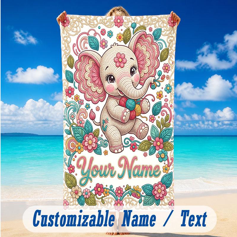 Elephant Theme Beach Towel Personalized Custom Name & Text Soft Quick Dry Beach Towel for Swimming Travel