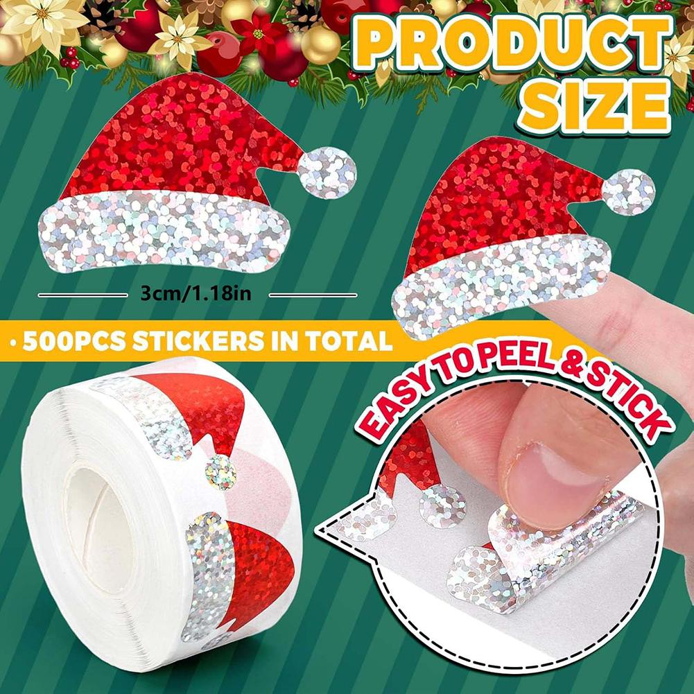 500pcs Xmas Hat Stickers,Festive Xmas Packaging Stickers Roll, For Gift Decor Envelope Sealing Scrapbooking