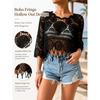 Women's Plain Fringe Trim Cut Out Sheer Cover Up-Boho Scallop Trim 3/4 Sleeve Beach Sarong for Vacation Poolside