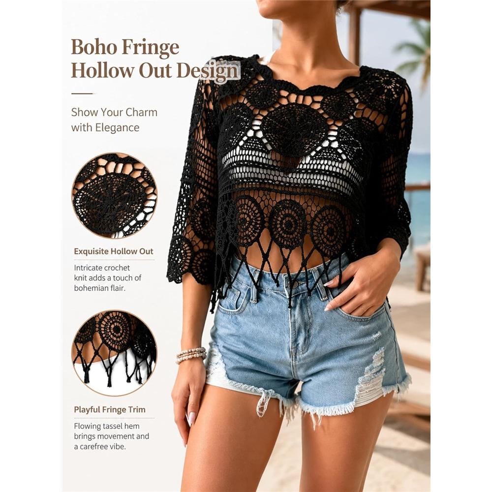 Women's Plain Fringe Trim Cut Out Sheer Cover Up-Boho Scallop Trim 3/4 Sleeve Beach Sarong for Vacation Poolside