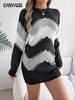 Autumn and Winter Women's Dress Casual Colorblocking Lantern Sleeve Sweater Dresses