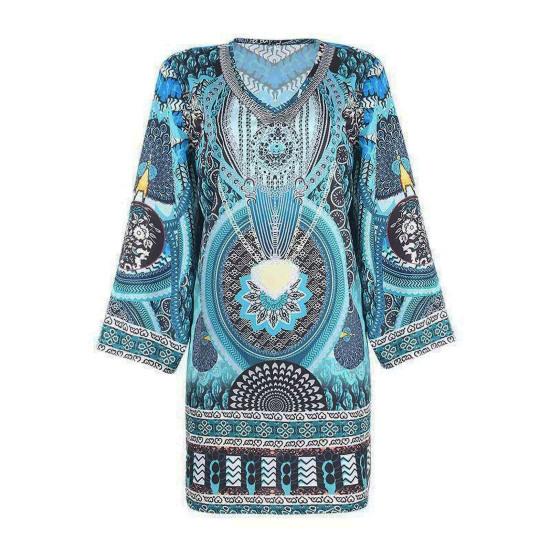 Женское летнее платье в стиле ретро с принтом в этническом стиле с длинными рукавами и v-образным вырезом, мягкое дышащее свободное платье до колена, повседневное женское повседневное платье миди