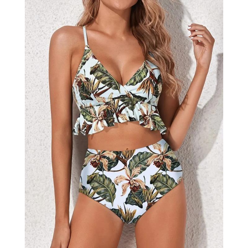 Купальник бикини с высокой талией, однотонный, раздельный дизайн, отделка краем в виде листьев, китайский бренд, модный женский купальник