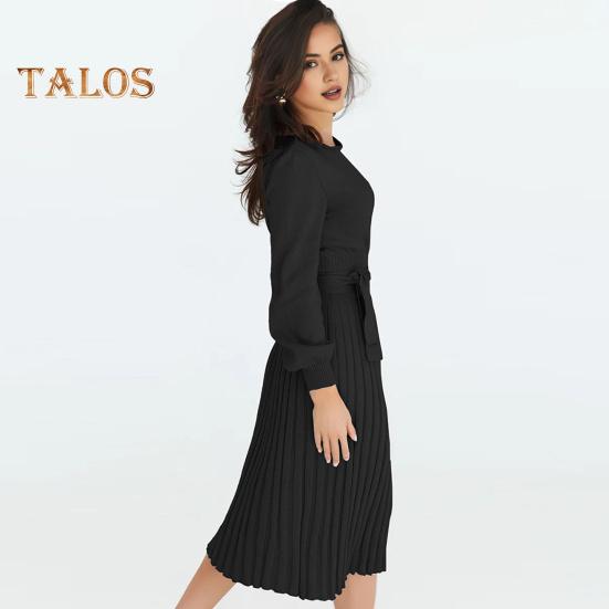 Осеннее женское платье, трикотажное, с круглым вырезом, длинными рукавами, облегающее, со шнуровкой, с узкой талией, длиной до середины икры, эластичное, однотонное, миди-платье-свитер