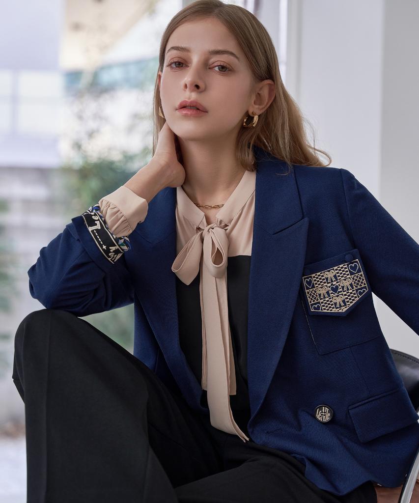 Lenic&Mccoy Ribbon Embroidered Out Pocket Roll-Up Contrast Double Jacket Mn04Jk205Hjy
