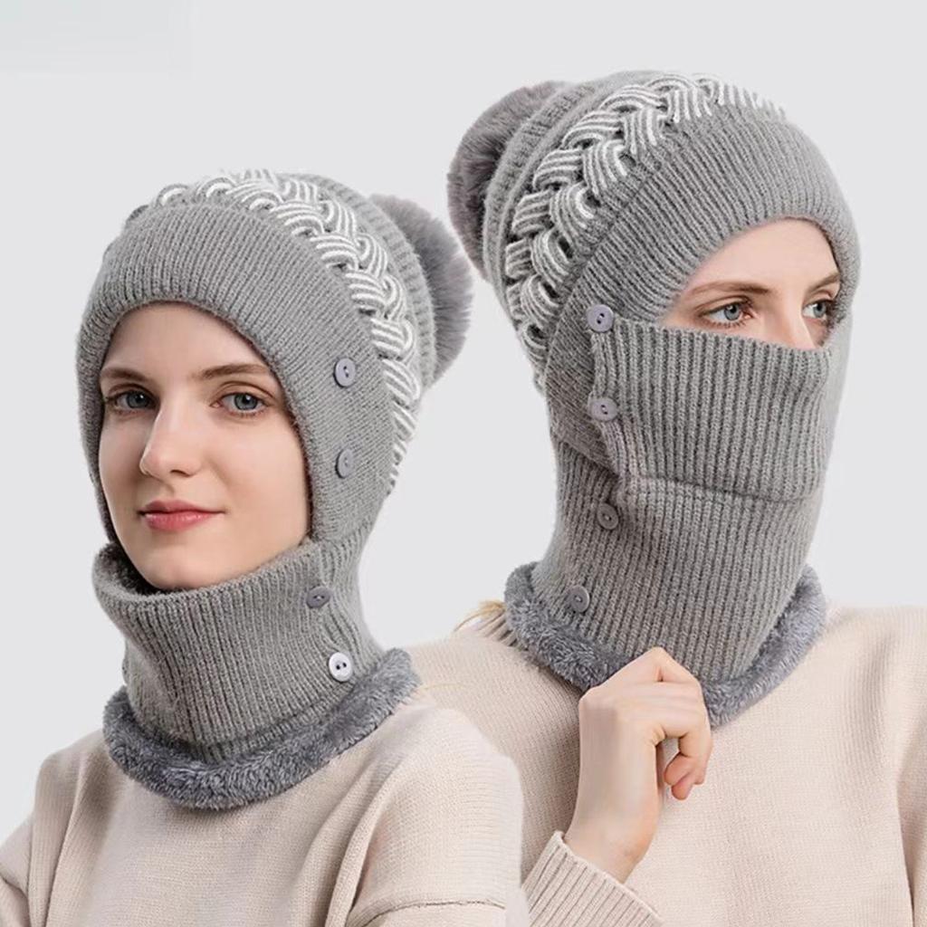 Hat, Scarf, One-Piece Set, Women'S Winter Knitted Hat, Velvet Warm Scarf, Winter Cold-Proof Ear Protection Wool Hat