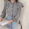 Женские блузки Весна/лето Ретро Цветочные V-образный вырез Длинный рукав-фонарик С оборками Женские рубашки