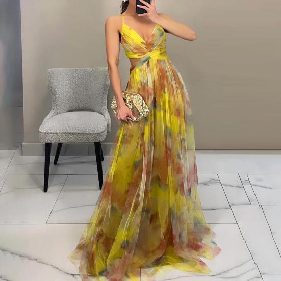 Women's Spaghetti Strap Maxi Dress Floral Boho Deep V-Neck Hollow Out Mesh Pleated Dress Summer Beach Party Swing Long Dress