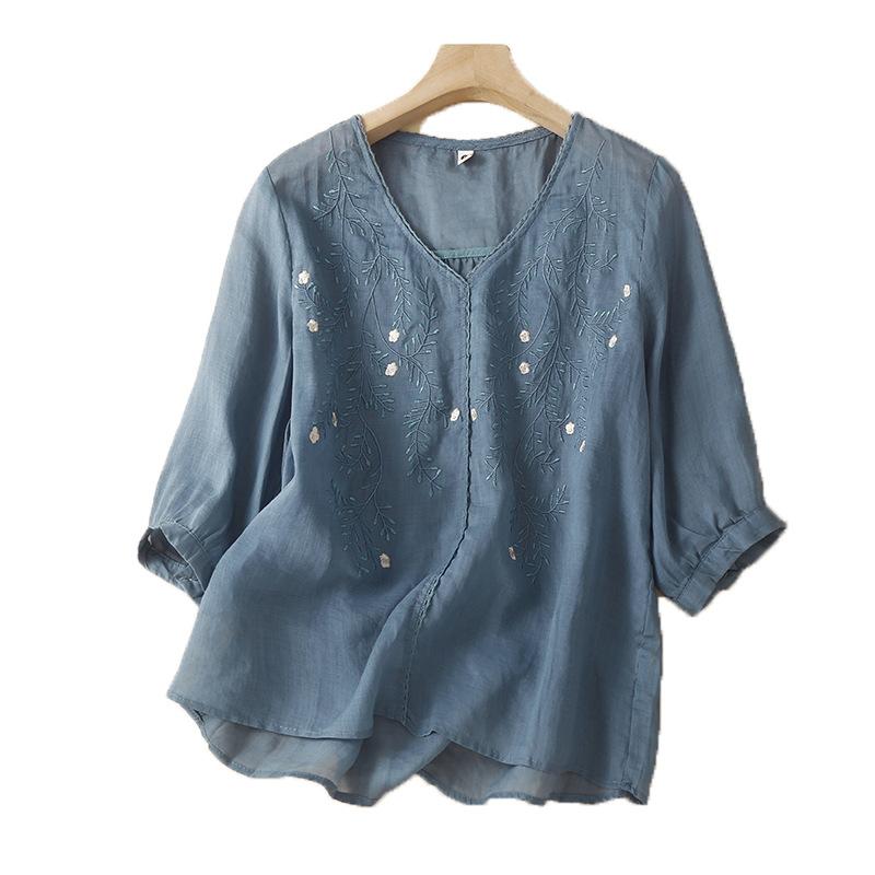 Summer Women's Shirt Medium-sleeved Cotton Linen Shirt Embroidered Thin Temperament Loose Shirt Tops