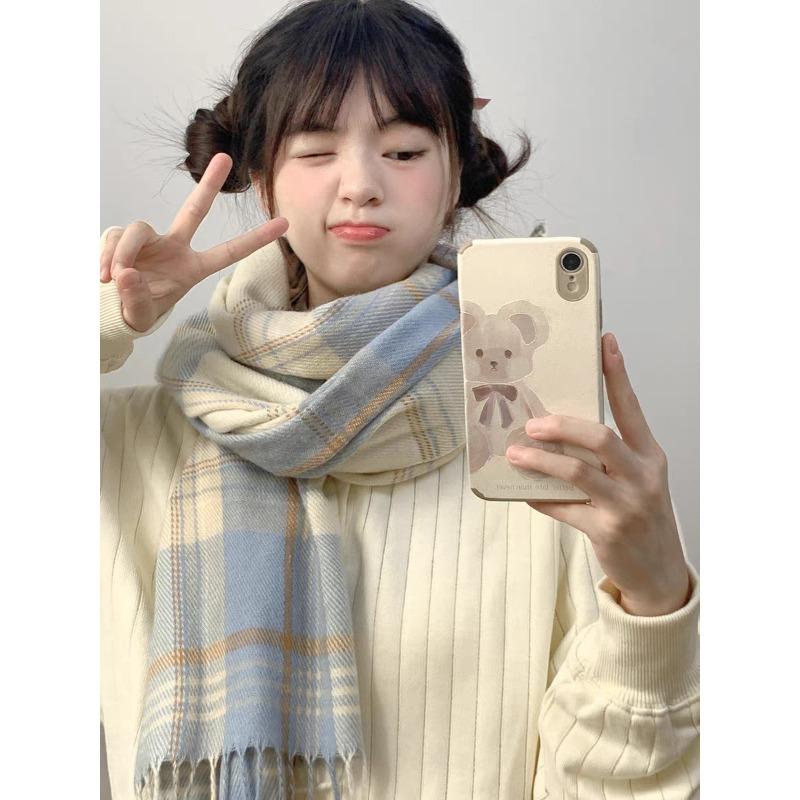 Plaid Scarf Women's Atmosphere Warm New Dry Rose Powder Autumn and Winter White Soft Fringed Shawl Scarf