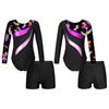 Qizlar uchun 2 qismli sport kostyumi ko'ylagi Uzun yengli gimnastika leotardli mashg'ulot bodi, shortilar kostyumi