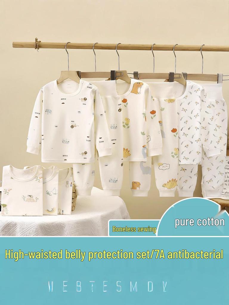 Детский и Малышовый Хлопковый Антибактериальный Комплект Нижнего Белья с Завышенной Талией для Мальчиков и Девочек 0-5 лет - Осенняя Одежда и Брюки