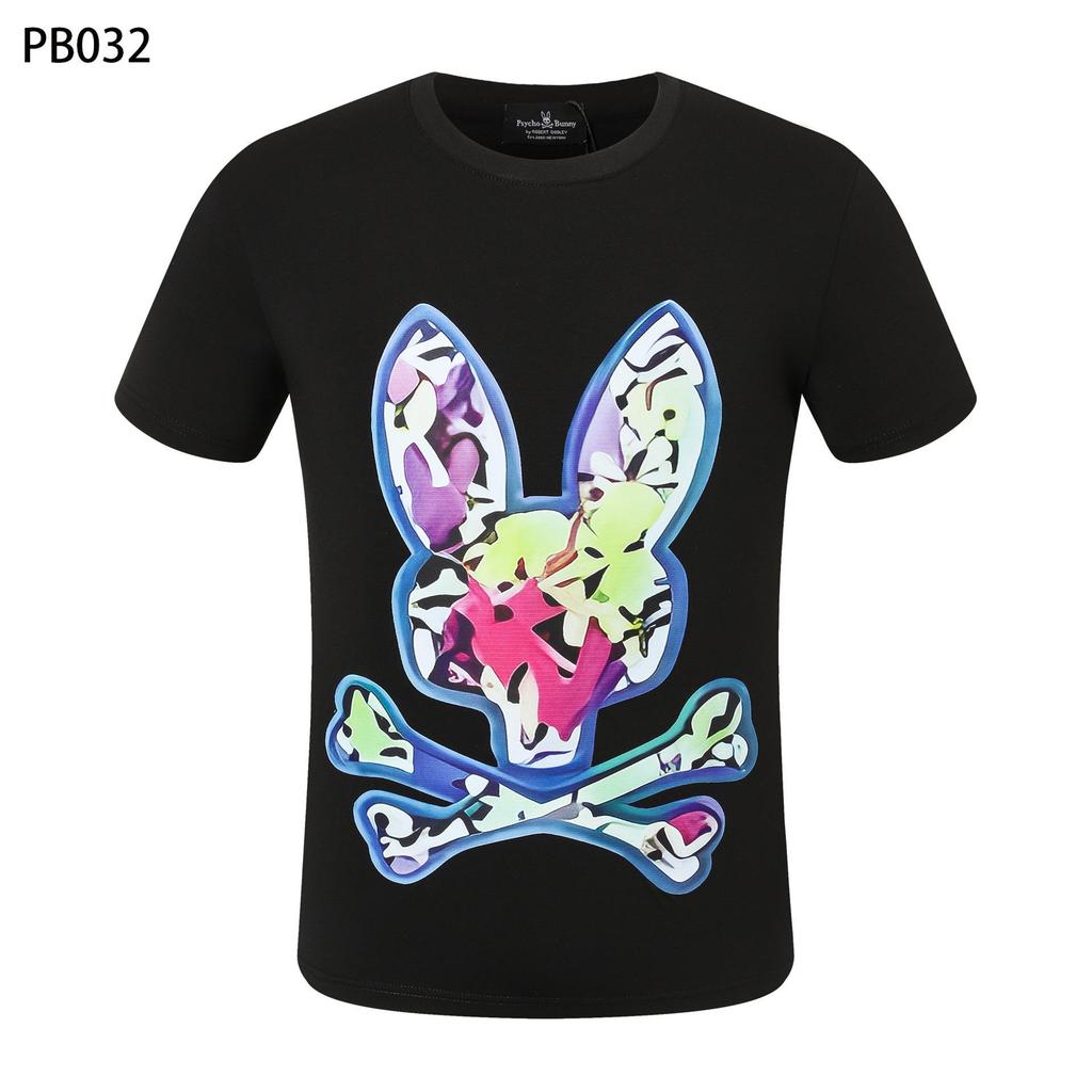 Футболка мужская Psycho Bunny с цветным рисунком черепа и кролика - круглый вырез, уличный тренд