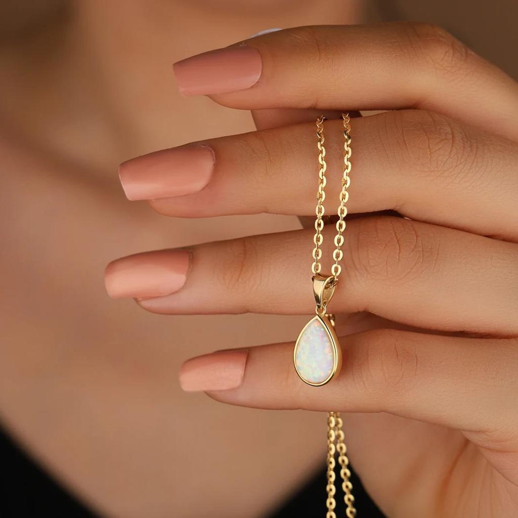Water droplet pendant necklace, stainless steel inlaid with imitation opal, opal pendant, sweater chain, gold-plated