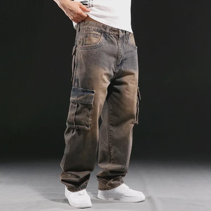 Мужские джинсы американского стиля с широкими штанинами и множеством карманов, свободные рабочие джинсы, большой размер