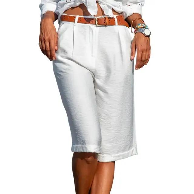 Women's Summer Knee-length Shorts Mid-rise Pockets Straight Wide Leg Shorts