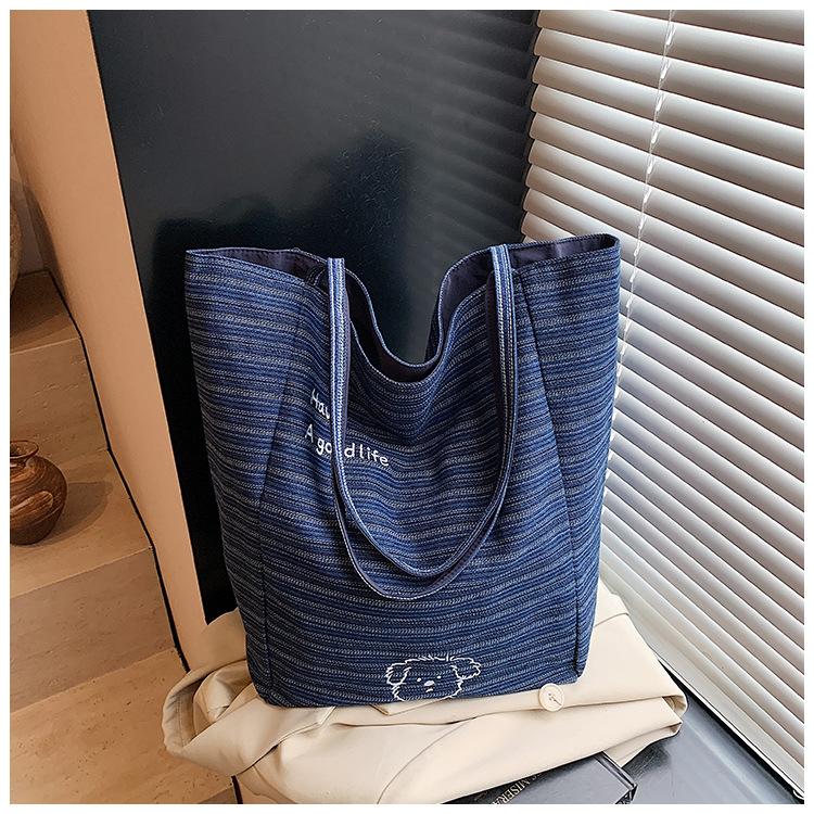 Двусторонняя холщовая сумка с полосками на спине, женская сумка-тоут большой вместимости в ленивом стиле, студенческая сумка для досуга и шоппинга