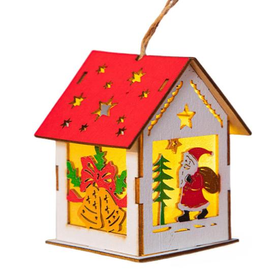Wooden Christmas Decor with LED Light 3D Carved Hanging Wood Star/Village House/Bell/Gift Box Ornament for Xmas Tree Decor
