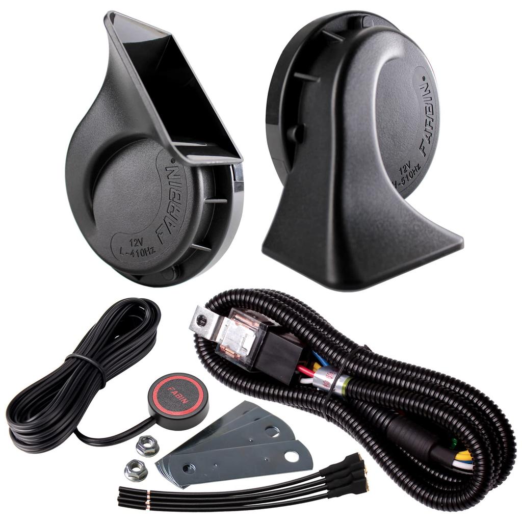 FARBIN 12V Универсальный двухтональный гудок 120 дБ Спиральный тип с 2-сторонним разветвителем, жгутом проводов и кнопкой независимого управления гудком (12В, Черная пара гудков