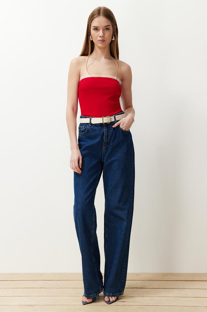 Women's Fashion New Blouse Stone Ribbed Strapless Collar Woven Garnish Fitted Cotton Stretchy Crop Knitted Blouse