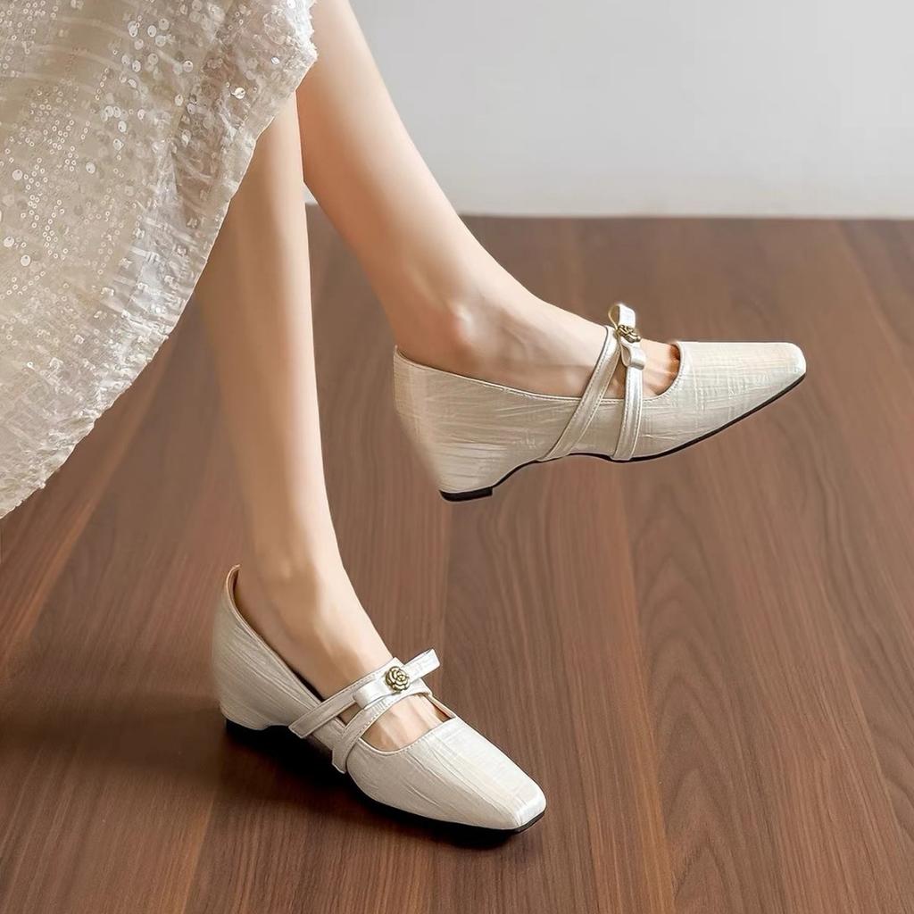 Inner height increase new square head Mary Jane shoes women's new outer wear bow word with wedge heel single shoes