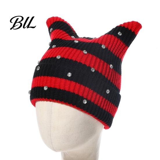 Soft Acrylic Warm Hat Cat Ear for Women Girls, Striped Slouchy Crochet Headgear Fashionable Streetwear Headwear with Shiny Rhinestones, Cute