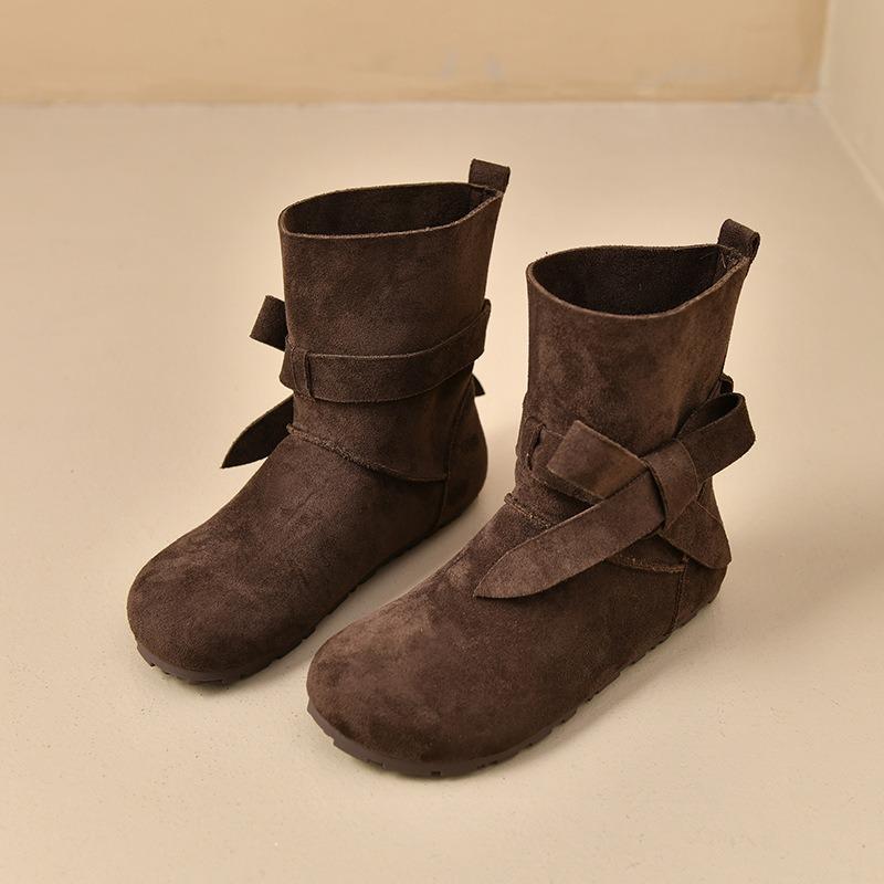 Cowhide Version Retro Lace-up Round Head Soft Bottom Short Tube Women's Autumn and Winter New Flat Bottom Pleated Short Boots